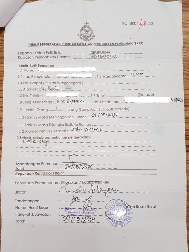 Ini permit palsu yang dicetak menggunakan dakwat berwarna bagi menampakkan ia seperti salinan asal permit kebenaran dari IPD Semporna.