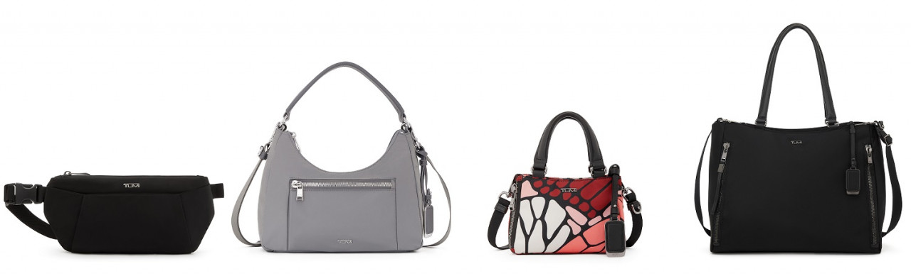 Kiri ke kanan: TUMI Voyageur Loha Slim Hip Bag dalam Black Gunmetal, TUMI Voyageur Adelaide Hobo Crossbody  warna Fog, TUMI Voyageur Valetta Micro Tote warna Swallowtail Print, dan TUMI.