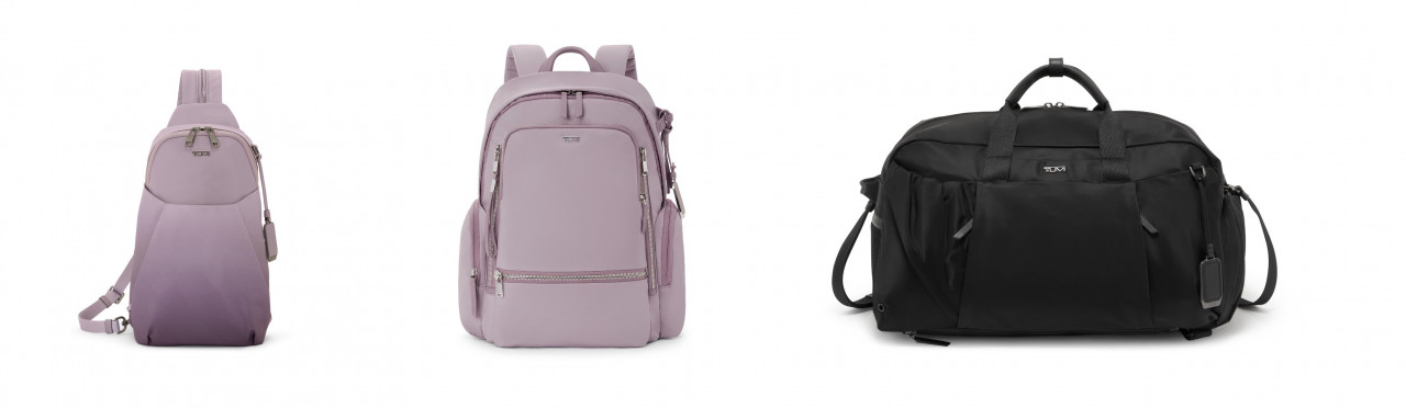 Kiri ke Kanan: TUMI Voyageur Kileen Convertible Sling warna Lilac Ombre, TUMI Voyageur Celina Backpack warna Lilac, dan TUMI Voyageur Malta Duffel/Backpack warna Black Gunmetal.
