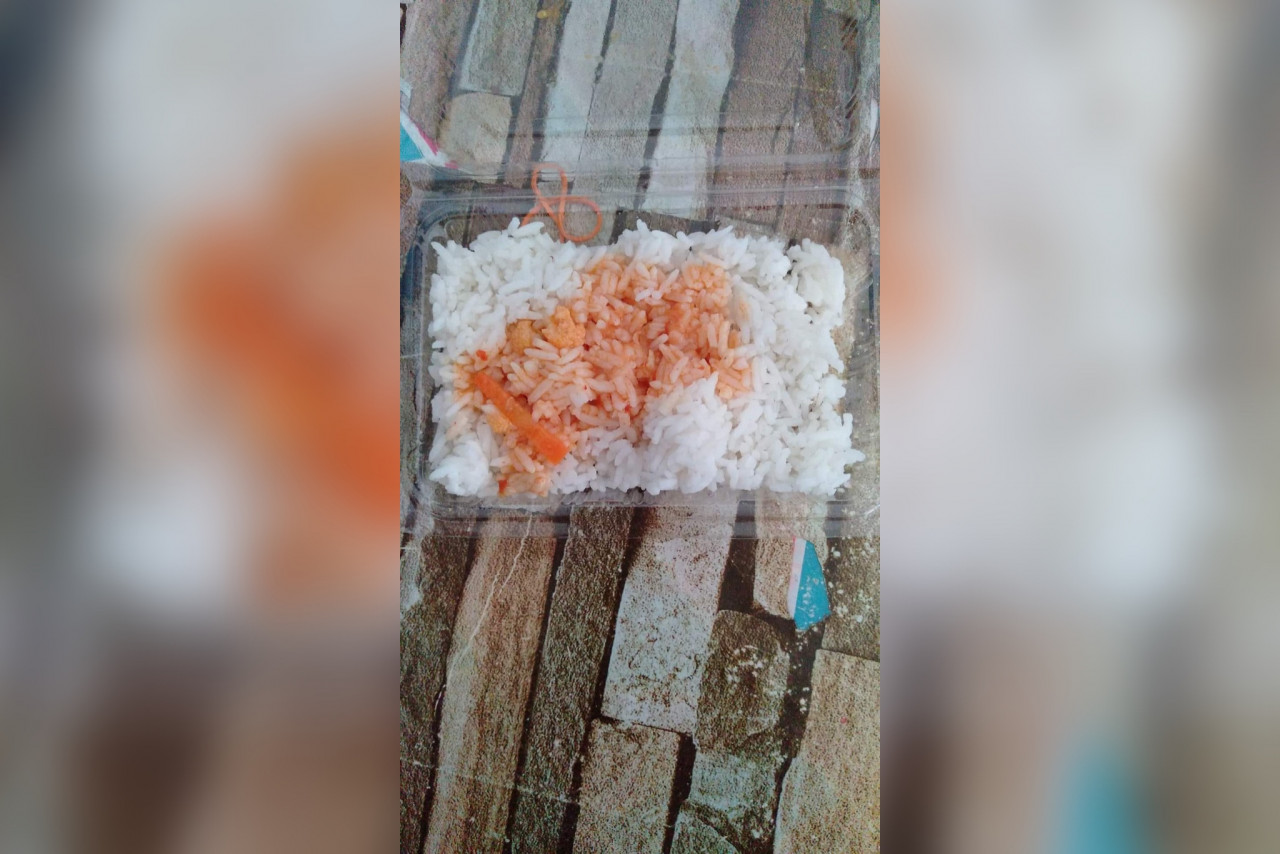 Gambar nasi dan kuah yang dikatakan dihidangkan kepada murid dibawah program RMT yang tular di media sosial baru-baru ini.