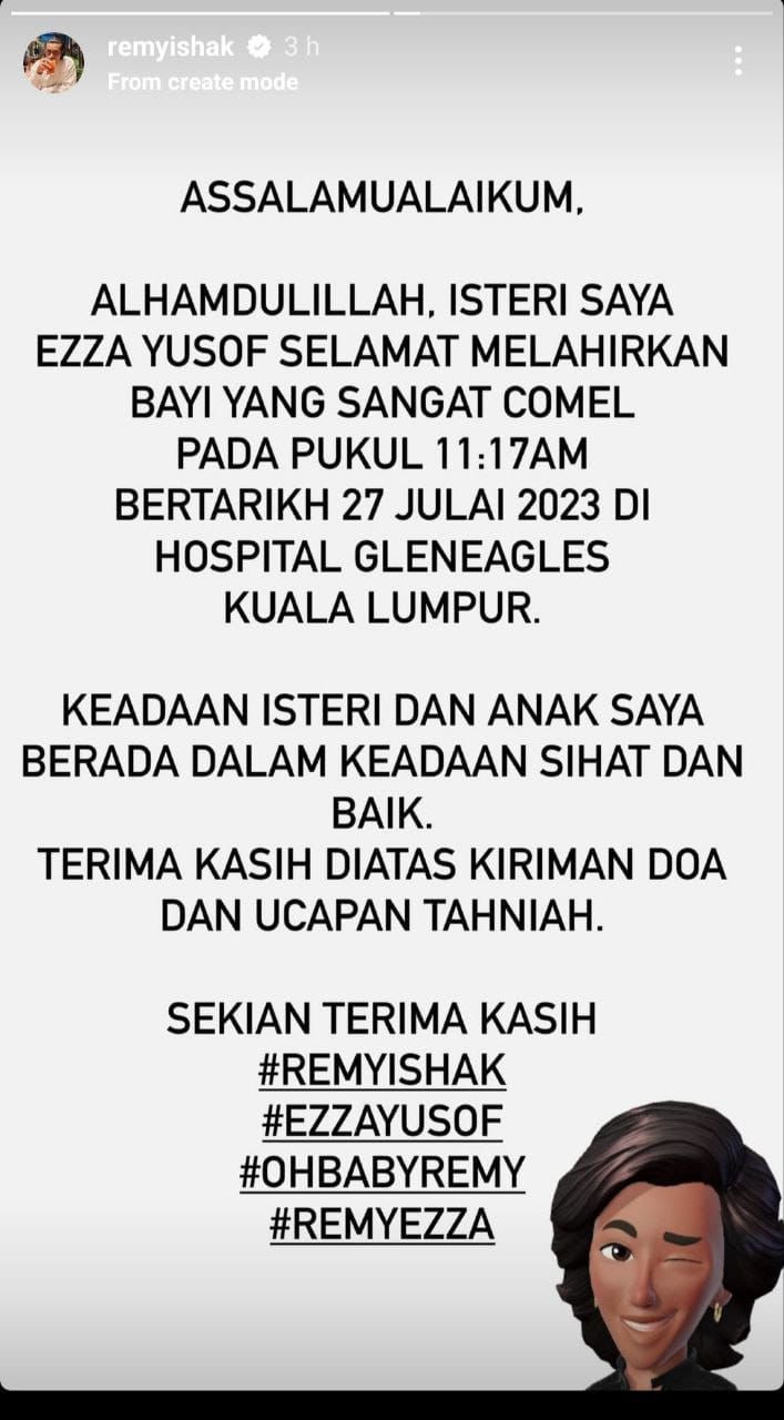 Remy mengumumkan kelahiran anaknya melalui Insta Story pagi tadi - gambar Instagram