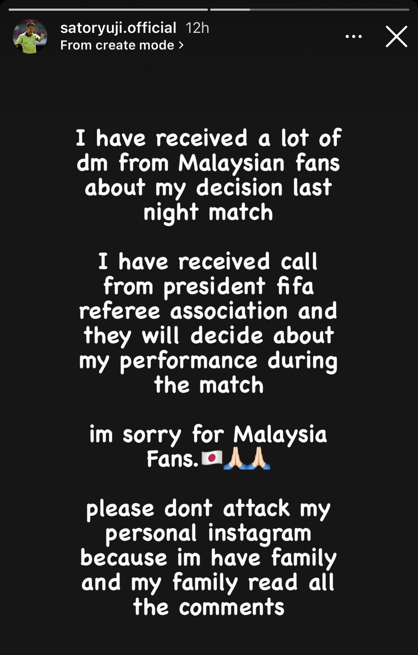 Tangkap layar permohonan maaf Sato di Instagram Storynya. - Gambar dari Instagram Ryuji Sato