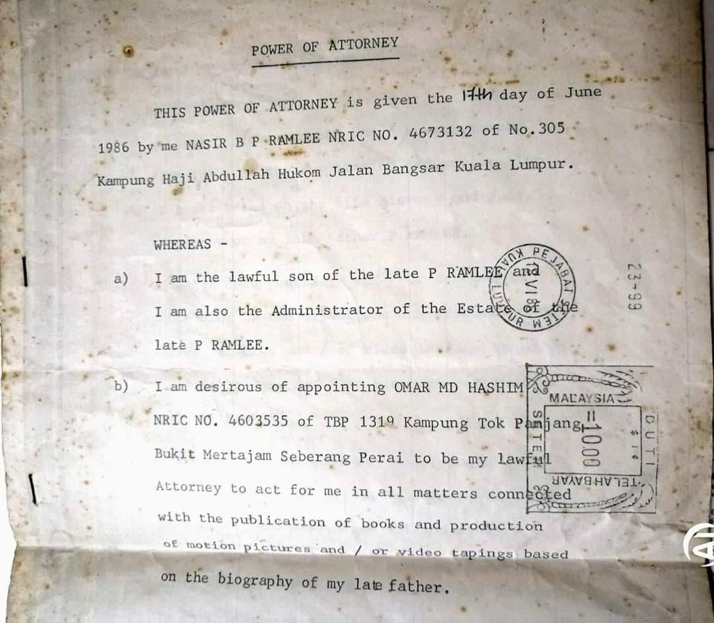 Surat pelantikan Omar sebagai pemegang hak karya biografi P Ramlee yang disahkan oleh Sheikh Ali dan Nasir P Ramlee.
