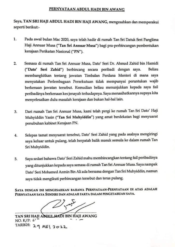 Surat akuan bersumpah daripada Abdul Hadi yang diterima Getaran.