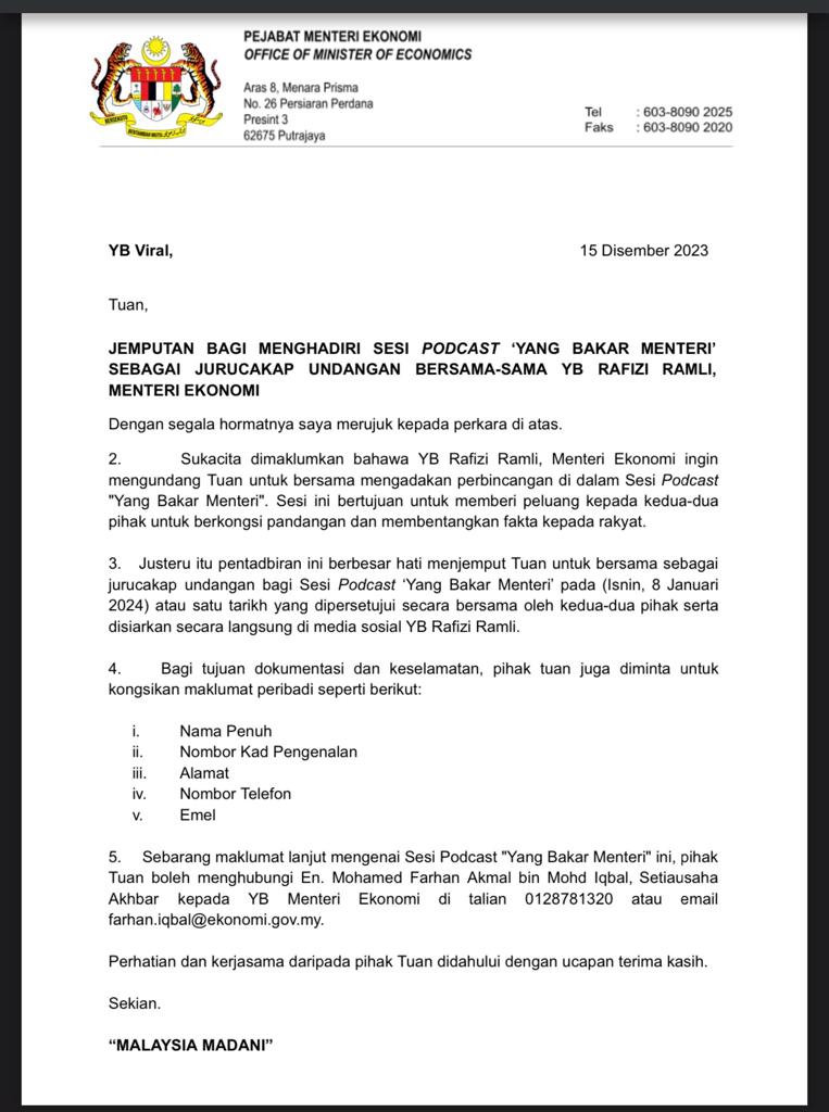 Surat jemputan untuk YB Viral yang dihantar pejabat Rafizi Ramli - gambar X