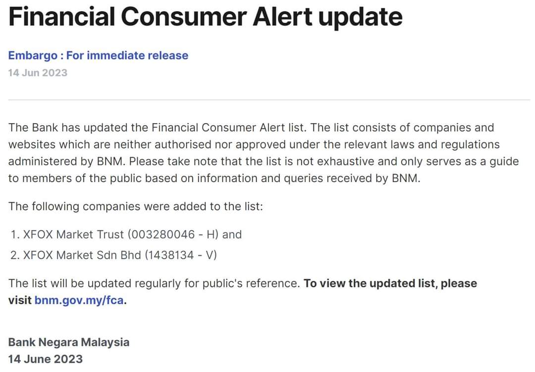 Notis amaran dikeluarkan BNM berkaitan XFOX