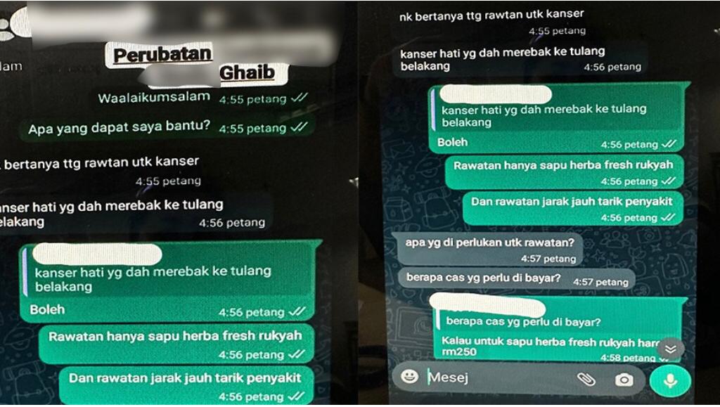 Bernama menghubungi beberapa pengamal perubatan tradisional dan rawatan alternatif, termasuk yang menjual perkhidmatan daripada rawatan ghaib dan suplemen herba dan ramuan lain seperti di atas, untuk mendapatkan maklumat lanjut tetapi gagal mendapatkan respons. Gambar dari Facebook.