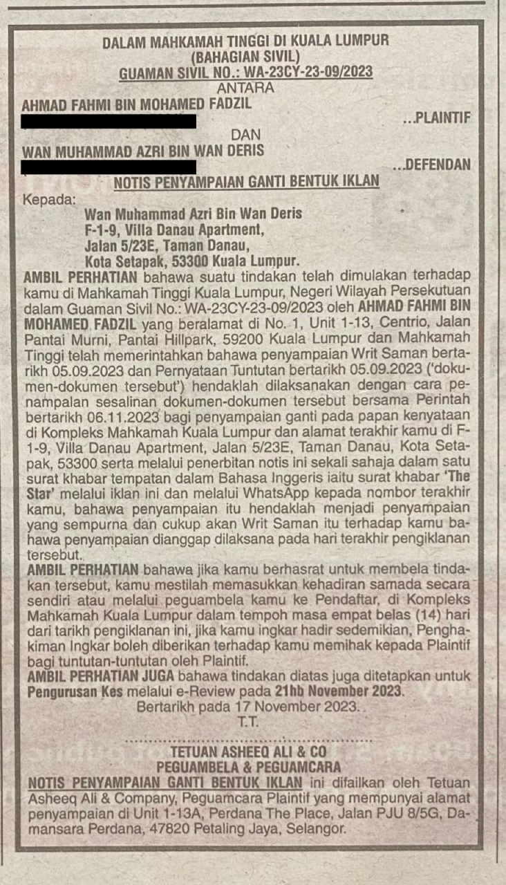 Notis mahkamah yang dikongsi Menteri Komunikasi dan Digital, Fahmi Fadzil di akaun Facebooknya hari ini.