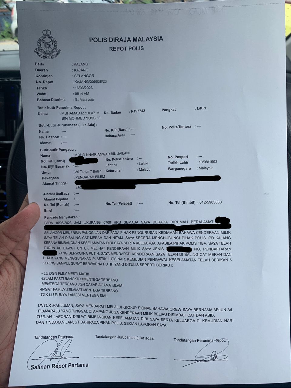 Laporan polis yang dibuat oleh Khairi.