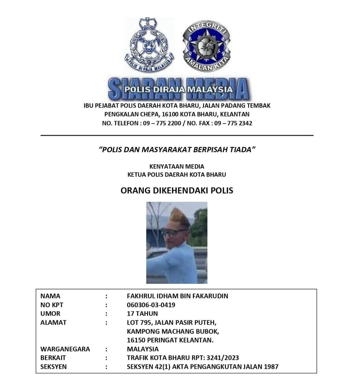 Polis sedang memburu seorang remaja, selepas aksinya yang menunggang motosikal secara berbahaya tular di media sosial sejak dua hari lalu - Gambar ihsan PDRM
