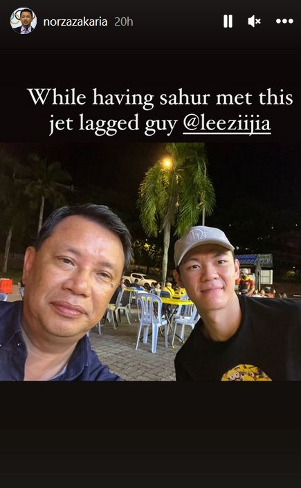 Mohamad Norza, ketika dihubungi Bernama hari ini, memaklumkan, dua pertemuannya bersama pemain nombor empat dunia di sebuah restoran adalah secara kebetulan dan tidak dirancang - Tangkapan layar Instagram Norzazakaria